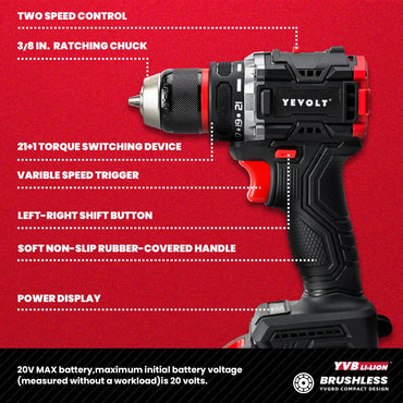 20V Brushless Cordless Drill Driver, Compact 21+1 Torque Keyless 3/8\" (0.8–10mm) Handheld Screwdriver with LED