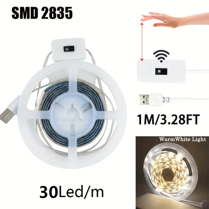 1M (3.3ft) USB LED Motion Sensor Night Light Strip – Warm White Dimmable Hand-Sweep TV Backlight & Kitchen Closet
