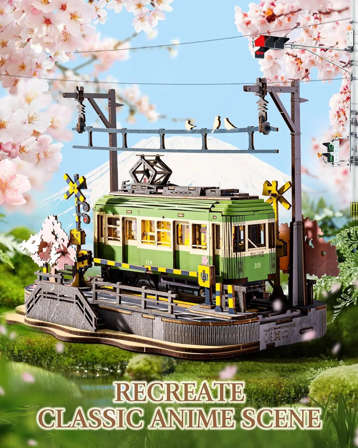Robotime Sakura Journey Tram 3D Wooden Puzzle with LED Lights – 223-Piece Model Kit for Adults