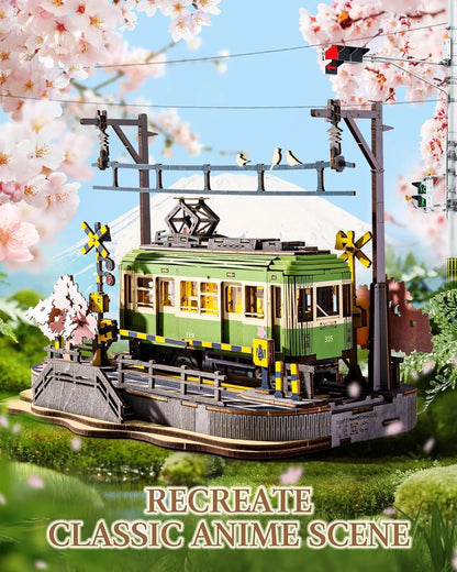 Robotime Sakura Journey Tram 3D Wooden Puzzle with LED Lights – 223-Piece Model Kit for Adults