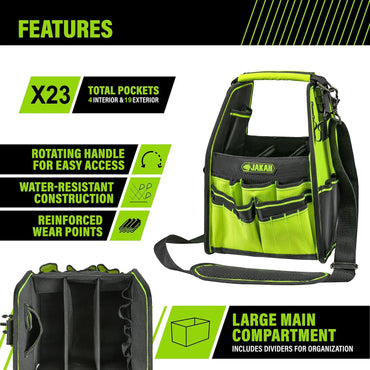 Open Tool Tote Bag with Adjustable Straps and Waterproof Base - Heavy Duty Tool Storage Organizer