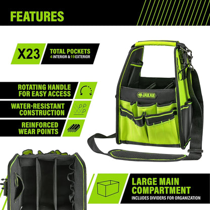 Open Tool Tote Bag with Adjustable Straps and Waterproof Base - Heavy Duty Tool Storage Organizer