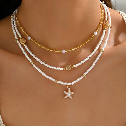 Bohemian Beaded Starfish & Shell Pendant Necklace – Layered Summer Beach Jewelry for Women