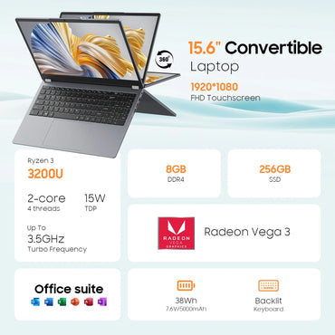 2 in 1 Laptop Computer,15.6" 8GB 256GB Touchscreen , AMD Ryzen R3 3200U, Radeon Vega 3, 1920x1080 FHD Display Blacklit Keyboard