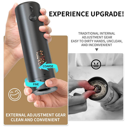 Electric Salt and Pepper Grinder Set – USB Rechargeable Automatic Ceramic Mills, 6-Setting Adjustable Coarseness, LED Light, 110 ml (3.72 fl oz)