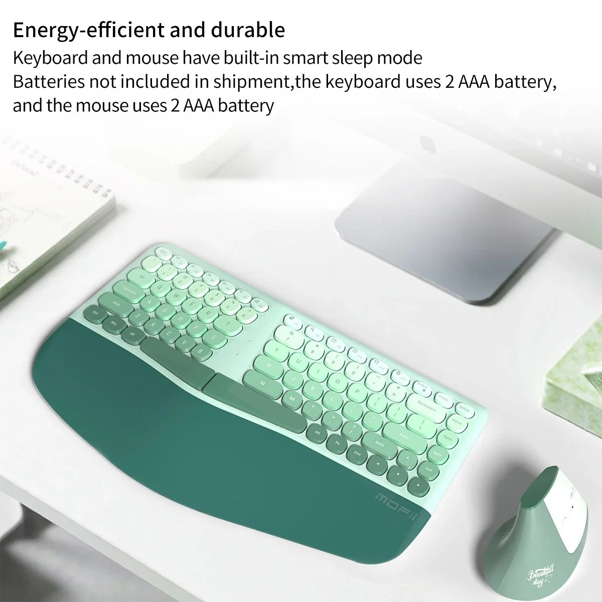 MOFii 1 Set Ergonomic Wireless Keyboard and Mouse Combo, Green Split Design Office Keyboard, 2.4G Wireless Connection, US QWERTY