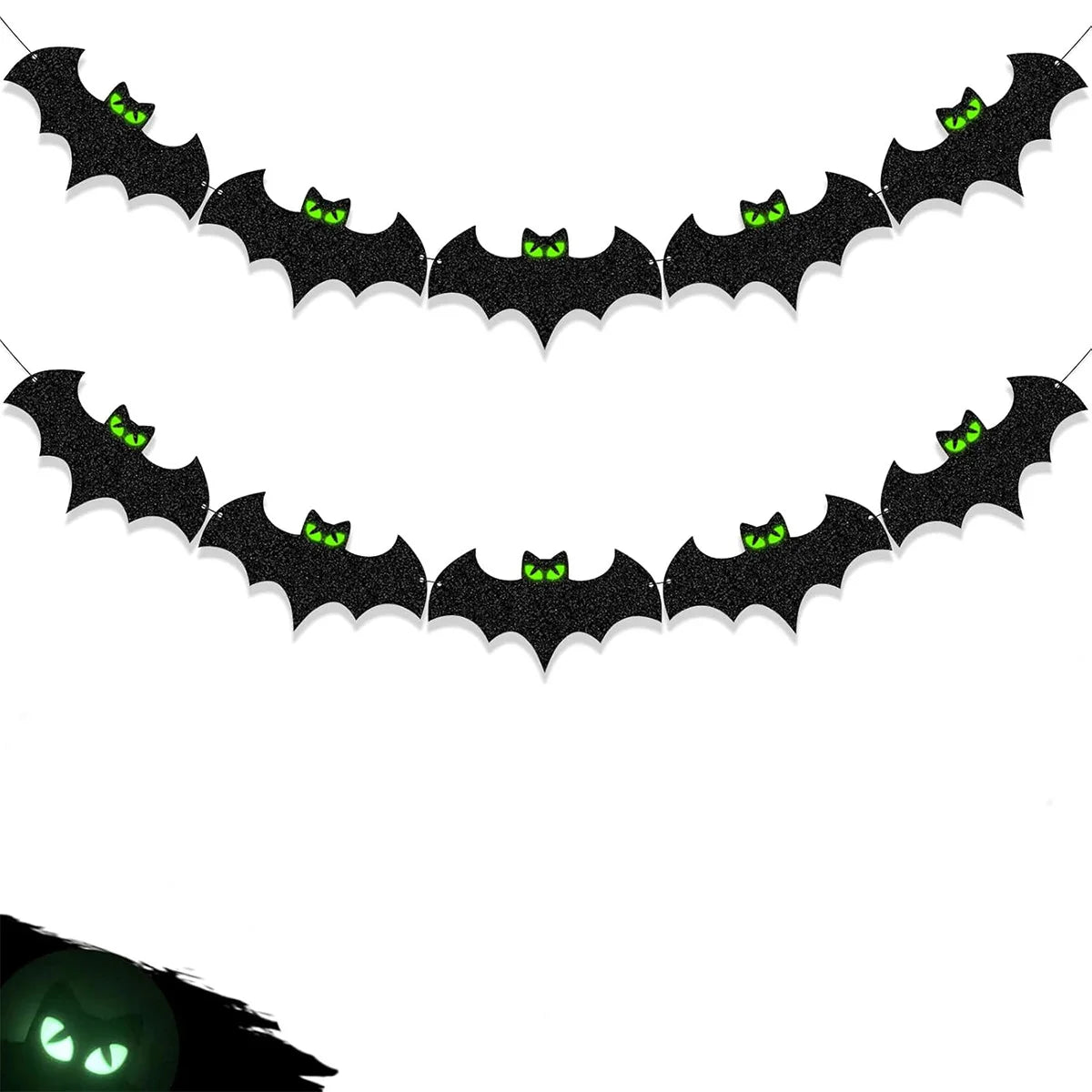Black Polyester Halloween Bat Banner - Glow-Eye Design