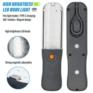 USB Rechargeable Magnetic LED Work Light - 30 cm (11.8 in) Portable Auto Repair Flashlight with Swivel Hook & Dual Magnets for Car Repair, Camping, Fishing, Emergencies