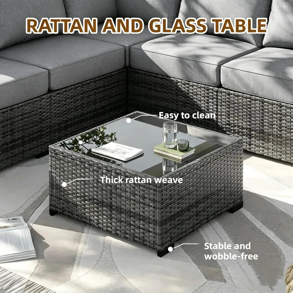 XIAOLANG 7-Piece PE Wicker Modular Patio Sectional - Steel Frame, Tempered Glass Table, Sponge & PP Cotton Cushions, Adjustable Feet, 7 Colour Options