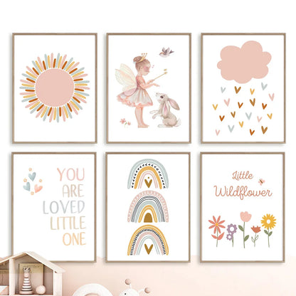 Kawaii Angel Girls Rabbit Sun Rainbow Cloud Cartoon Children Posters Canvas Painting Wall Art Print Picture Baby Kids Room Decor