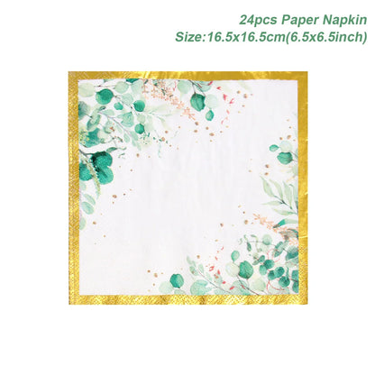 Sage Green Leaves Disposable Tableware Gold Edge Paper Plate Cup Napkins Wedding Decor Birthday Hawaiian Party Decoration