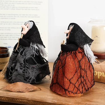 Halloween Witch Doll Decoration with Broom – Freestanding & Hanging Cloth Ornament for Home, Office, Tree & Party Decor – Black or Orange