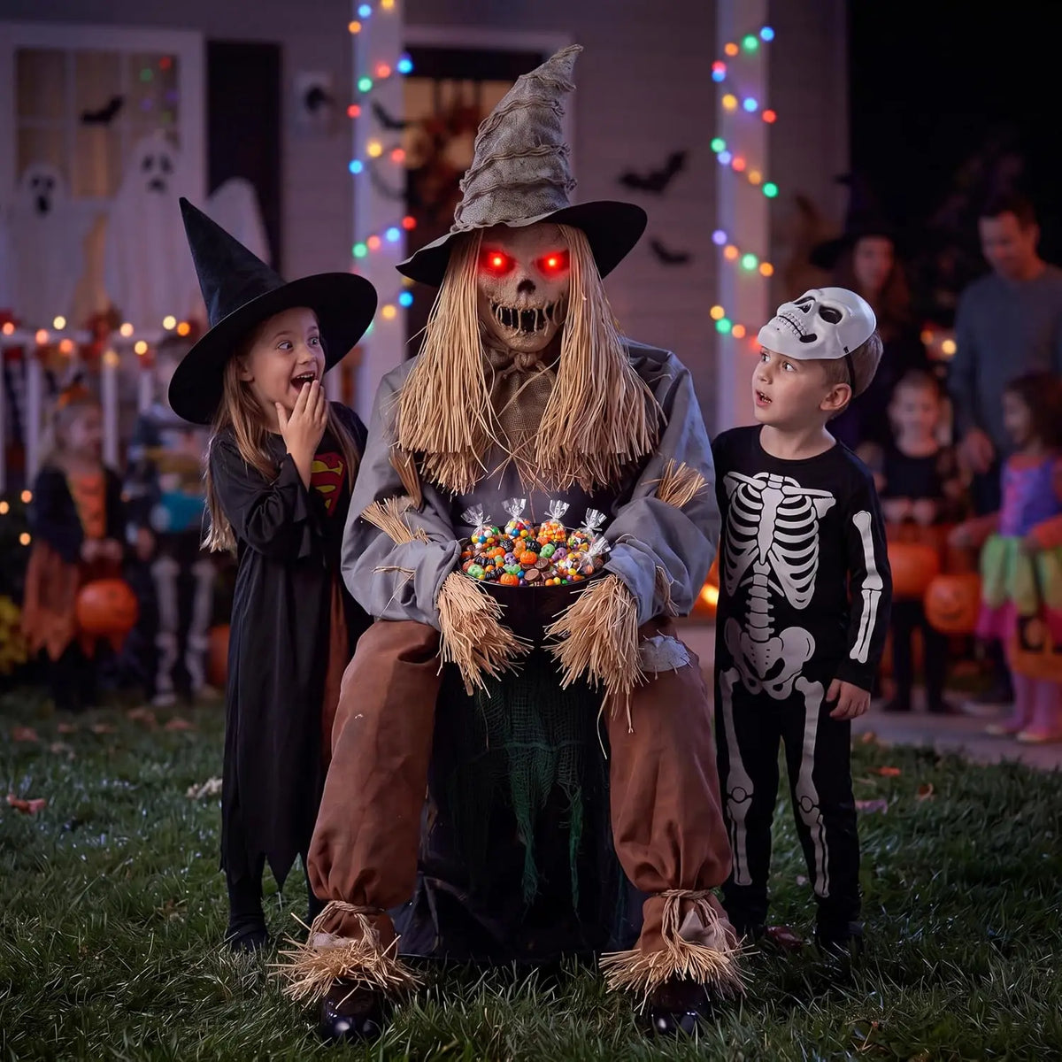 Joyfy 49-Inch Sound-Activated Animatronic Sitting Scarecrow with LED Eyes