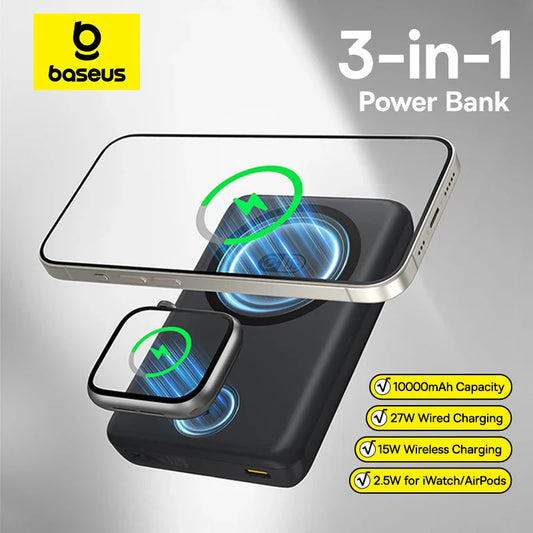 Magnetic 10,000mAh Power Bank — 27W Fast Charge & 15W Wireless Charger for iPhone, Apple Watch, AirPods, Samsung, Xiaomi