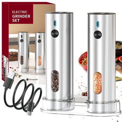2-Pack USB Rechargeable Electric Salt & Pepper Grinder Set, Adjustable Coarseness, LED Light, Type-C Charging