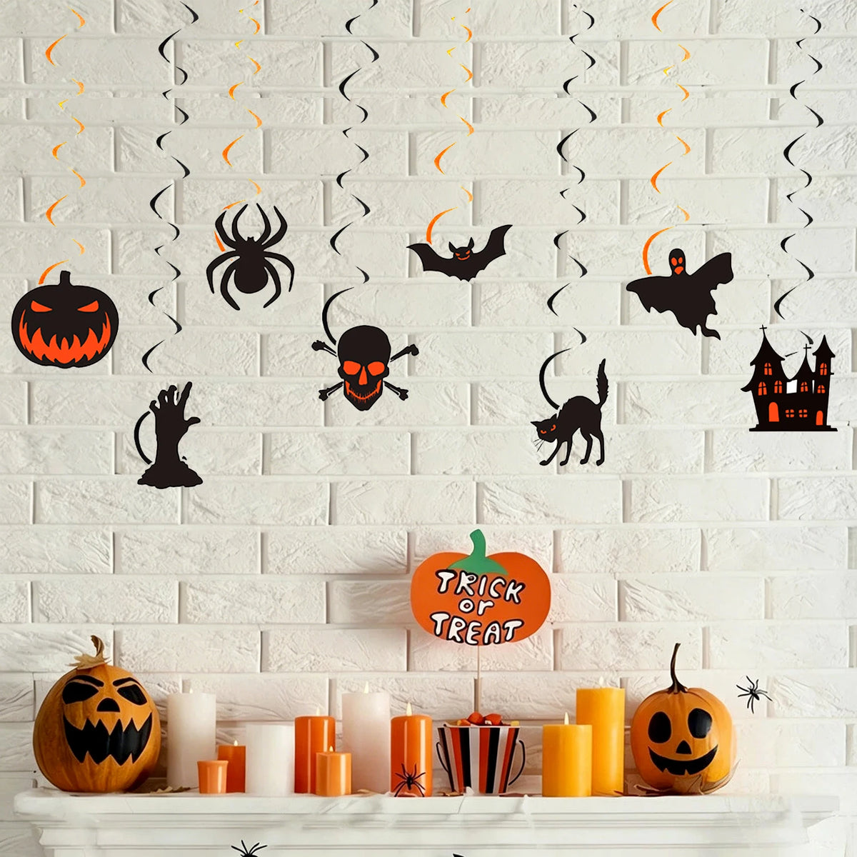 Halloween Hanging Swirl Ceiling Decorations Set – Pumpkin, Spider, Bat, Skull, Ghost & Black Cat Cutout Streamers for Party Decor