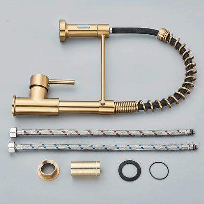 Brushed Gold Pull-Down Kitchen Faucet, Spring Spout Single-Handle Deck-Mount Hot & Cold Mixer