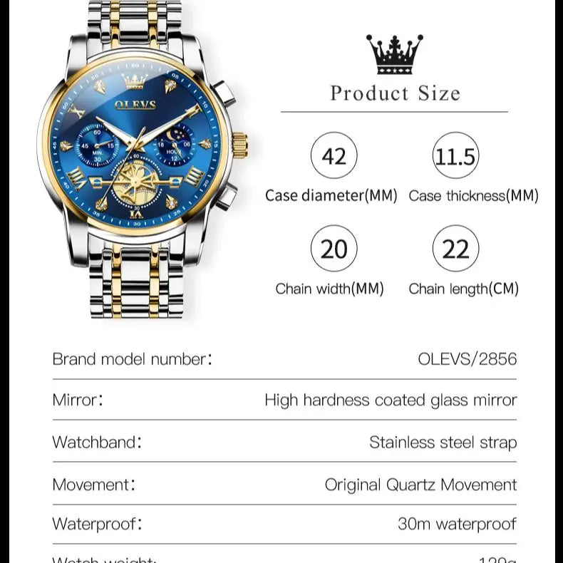OLEVS 2856 Men's Skeleton Chronograph Watch - Flywheel Dial, Moon Phase, Steel Bracelet, 30m Water Resistant