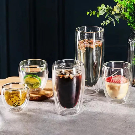 Clear Double Wall Insulated Glass Cups — 5 Sizes | Coffee, Espresso, Tea, Beer & Whiskey Mugs