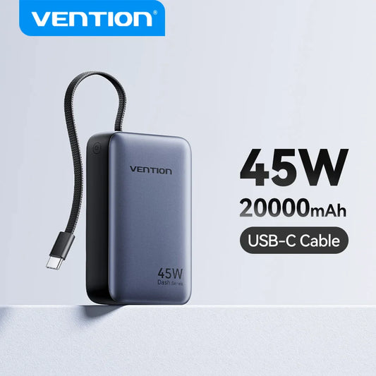 45W 20000mAh Power Bank with Built-in USB-C Cable, Fast Charging Portable Charger for iPhone Samsung Xiaomi