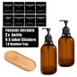 500ml (16.9 fl oz) Amber Refillable Pump Bottle Set with Black Label Stickers - Shampoo, Shower Gel & Liquid Soap Dispensers for Bathroom & Kitchen