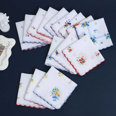 6-Pack Cotton Floral Handkerchiefs for Women, 28 cm (11 in) Scalloped Edge Pocket Towels & Wedding Napkins