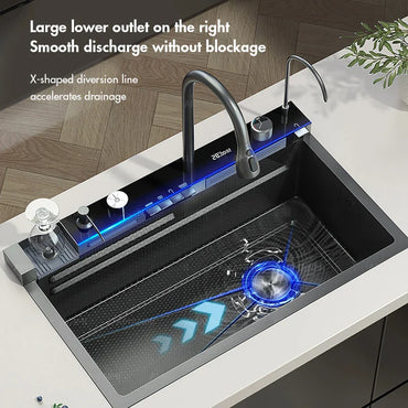 304 Stainless Steel Undermount Kitchen Sink Single Bowl 75 x 45 cm (29.5 x 17.7 in) Brushed Finish with Waterfall Faucet, Digital Display and Soap Dispenser
