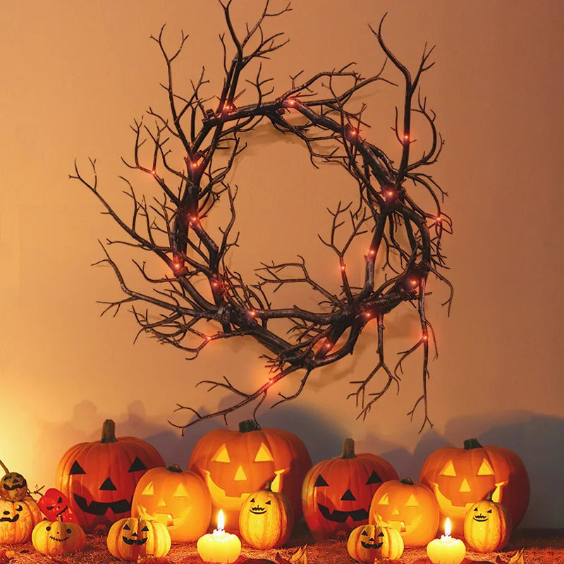 Halloween Black Branch Wreath with LED String Lights – Witch Hat, Skull & Pumpkin Front Door Decoration – Purple or Red Light, Battery-Operated