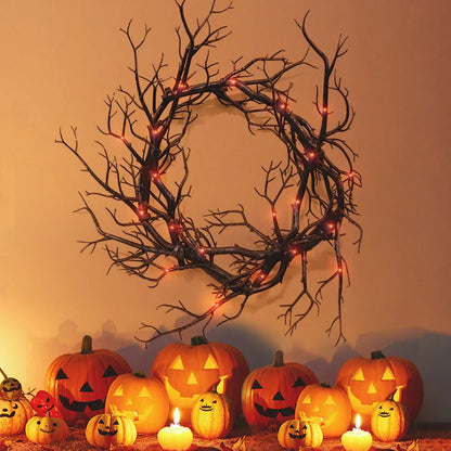 Halloween Black Branch Wreath with LED String Lights – Witch Hat, Skull & Pumpkin Front Door Decoration – Purple or Red Light, Battery-Operated