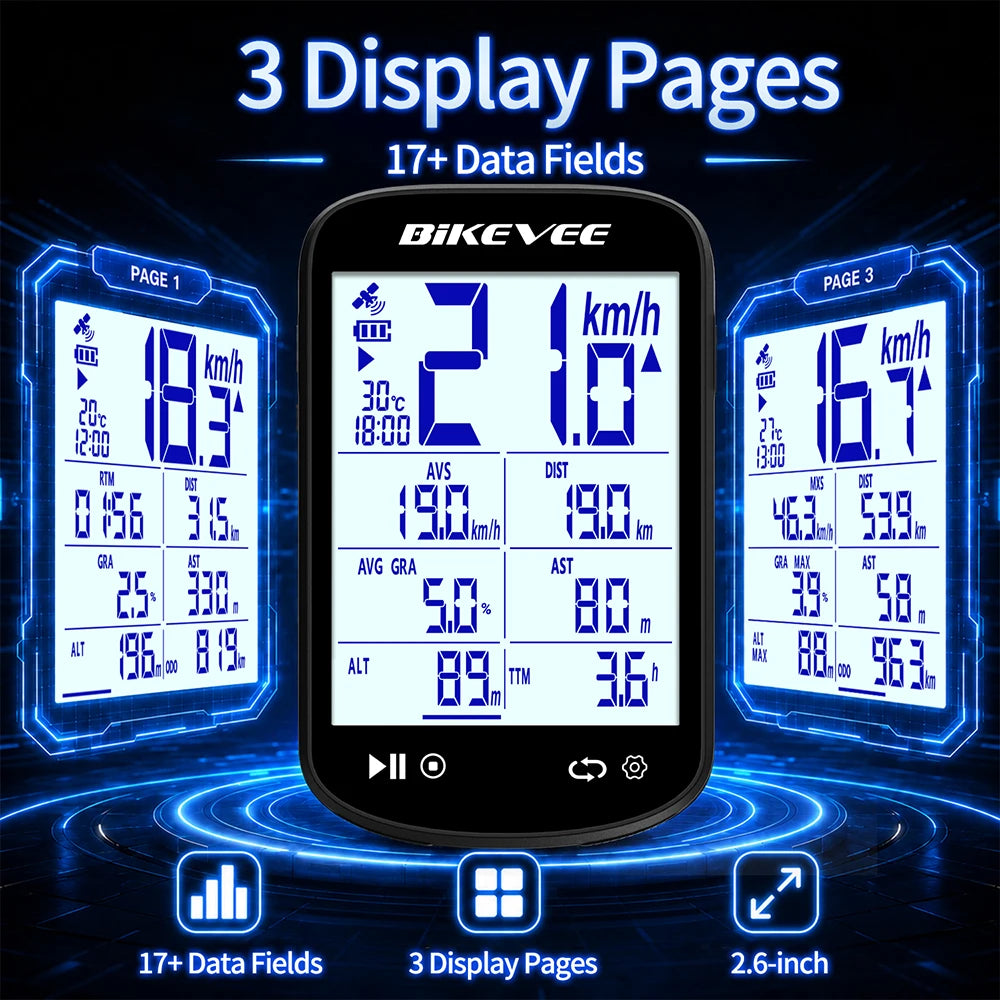Bikevee BKV-520 GPS Bike Computer - 2.6" Sunlight-Readable LCD, 5-Satellite GPS, 28hr Battery, IPX7, Bluetooth 5.3