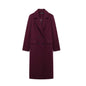 Women's Burgundy Double-Breasted Wool-Blend Coat - Long Sleeve Lapel Jacket, Autumn Winter Outerwear