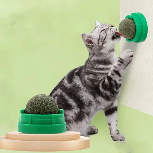 Wall-Mounted Catnip Ball Toy for Cats — 3 cm (1.2 in) Mint Ball, 4.5 cm (1.8 in) Base • Self-Rotating Interactive Cat Toy for Scratching & Dental Health