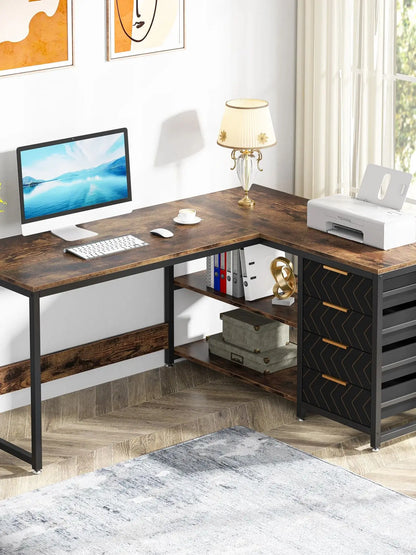 Tribesigns 59" L-Shaped Corner Desk - 4 Drawers, 2-Tier Open Shelf, Reversible, E1 Particle Board, Metal Frame, Adjustable Feet, 1-Year Warranty - Dark Gray / Chocolate / White