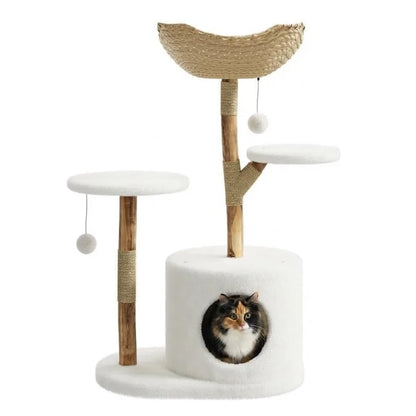 43" Wood & Rattan Multi-Level Cat Tree Tower - Large Cat, Multi-Level Perches, Floor Mount, Indoor, 28.74" x 17.32" Footprint