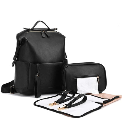 PU Leather Diaper Bag — Large Capacity Maternity Backpack with Changing Pad & Detachable Stroller Straps