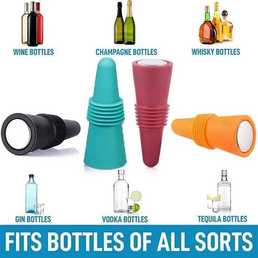 Silicone Wine Bottle Stopper with Stainless Steel Top - Leakproof Reusable Champagne & Beverage Sealer