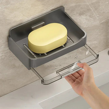 Wall-Mounted Free-Punch Soap & Sponge Holder, Double-Drain Plastic Soap Dish (11.3×8.3×4.1 cm | 4.45×3.27×1.61 in)