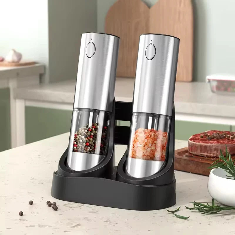 2-Pack Electric Salt and Pepper Grinders 190 ml (6.4 fl oz) USB Rechargeable Stainless Steel Spice Mills, Adjustable Coarseness, Ceramic Core, LED Indicator