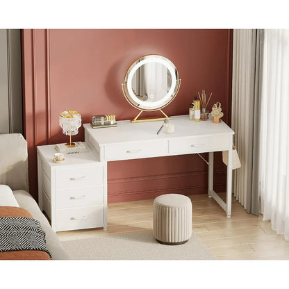 53" Computer Desk with 5 Drawers - Study Desk, Vanity Table, Home Office, Bedroom - Rustic Brown, Black, White