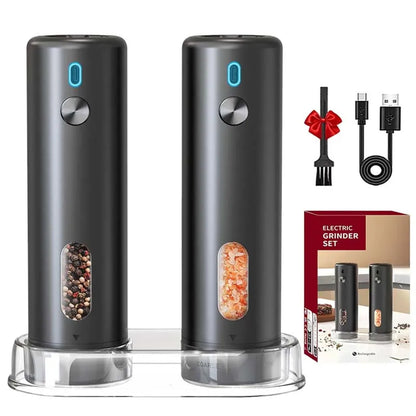 Electric Salt and Pepper Grinder Set – USB Rechargeable Automatic Ceramic Mills, 6-Setting Adjustable Coarseness, LED Light, 110 ml (3.72 fl oz)
