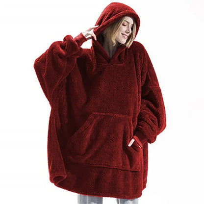 Women's Thick Winter Fleece Hooded Pullover Jacket – Double-Layer Warm Long Hoodie with Pockets
