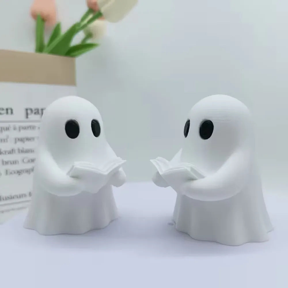 Halloween Reading Ghost Plastic Statue - White