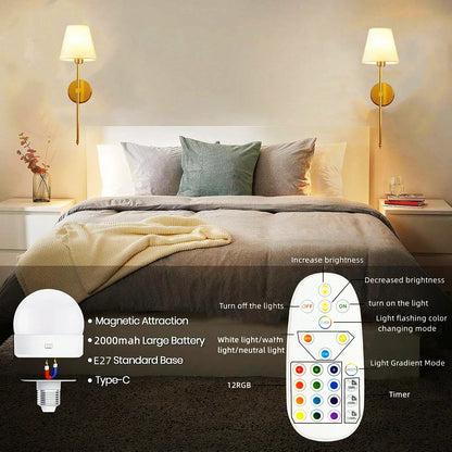 Rechargeable Wireless Wall Lamp with Detachable E27 Bulb — Dimmable LED Remote Control, 10 Color Modes