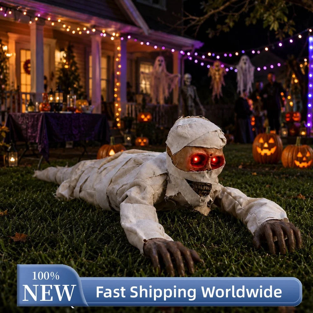 Animatronic Crawling Mummy Halloween Prop with Glowing Eyes