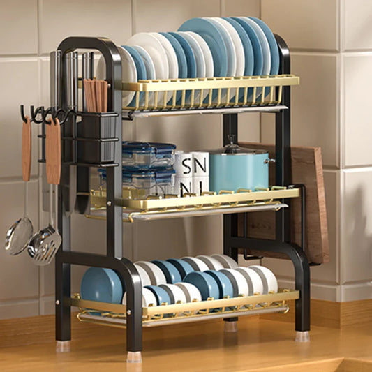 black Multi-level dish drain, dish drying rack, dish drain, large rust-proof dish drain with kitchen utensils stand