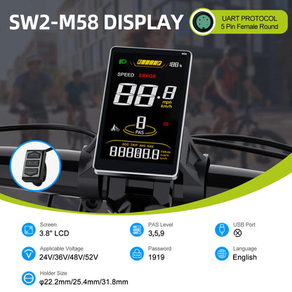 Varstrom UART E-Bike Display - EKD01 Bluetooth / SW2-M58 Color / DZ40 Mini / Bafang DPC18 - Bafang BBS/Hub Compatible, IP67-IP68, 12V-60V, 1-Year Warranty
