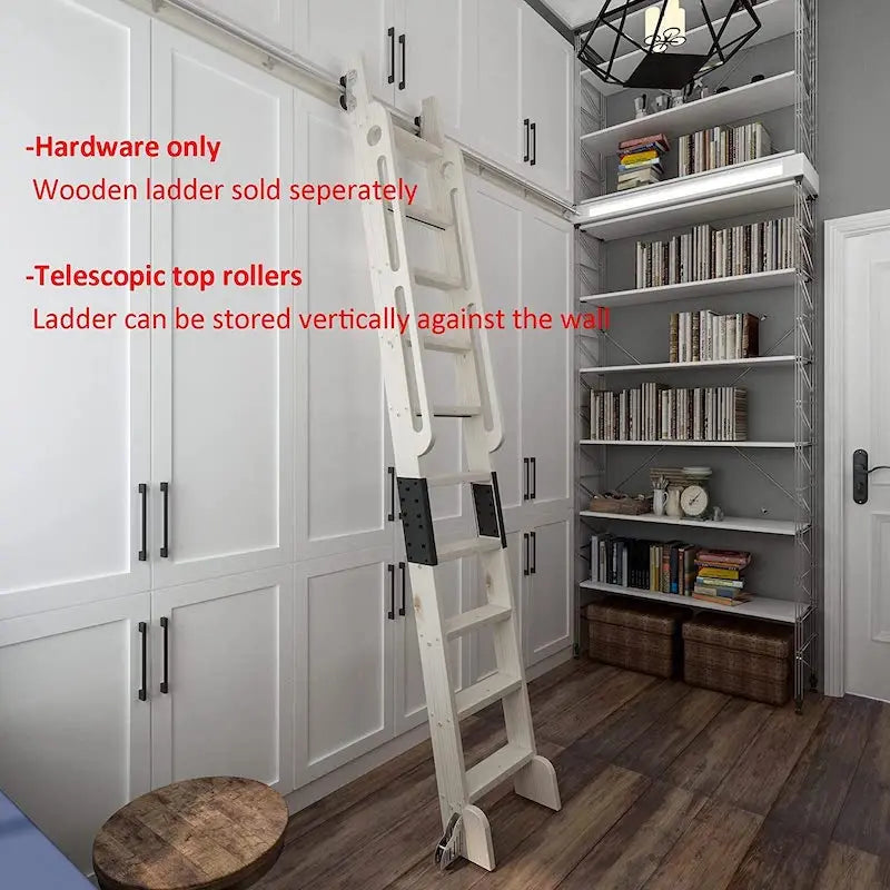 DIYHD 6.6FT Retractable Sliding Library Ladder Hardware Kit - Round Tube, Floor Roller with Brake, Black & Silver