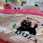 Korean Style Green Stripe Black Cat Embroidered Washed-Effect Polyester Duvet Cover Set 4-Piece Cute Cartoon Bed Linen