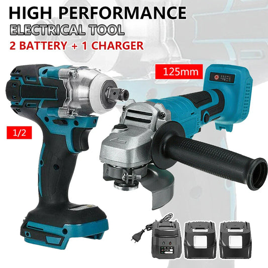 125mm (5 in) Brushless 18V Cordless Angle Grinder + 1/2 in Impact Wrench Combo Kit - 2x 15000mAh Batteries, Charger, LED