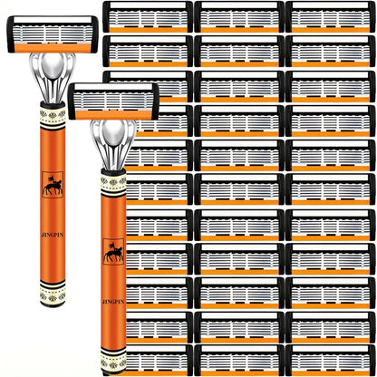 6-Layer Stainless Steel Safety Razor Set for Men - Replaceable Blade Head, Manual Shaving